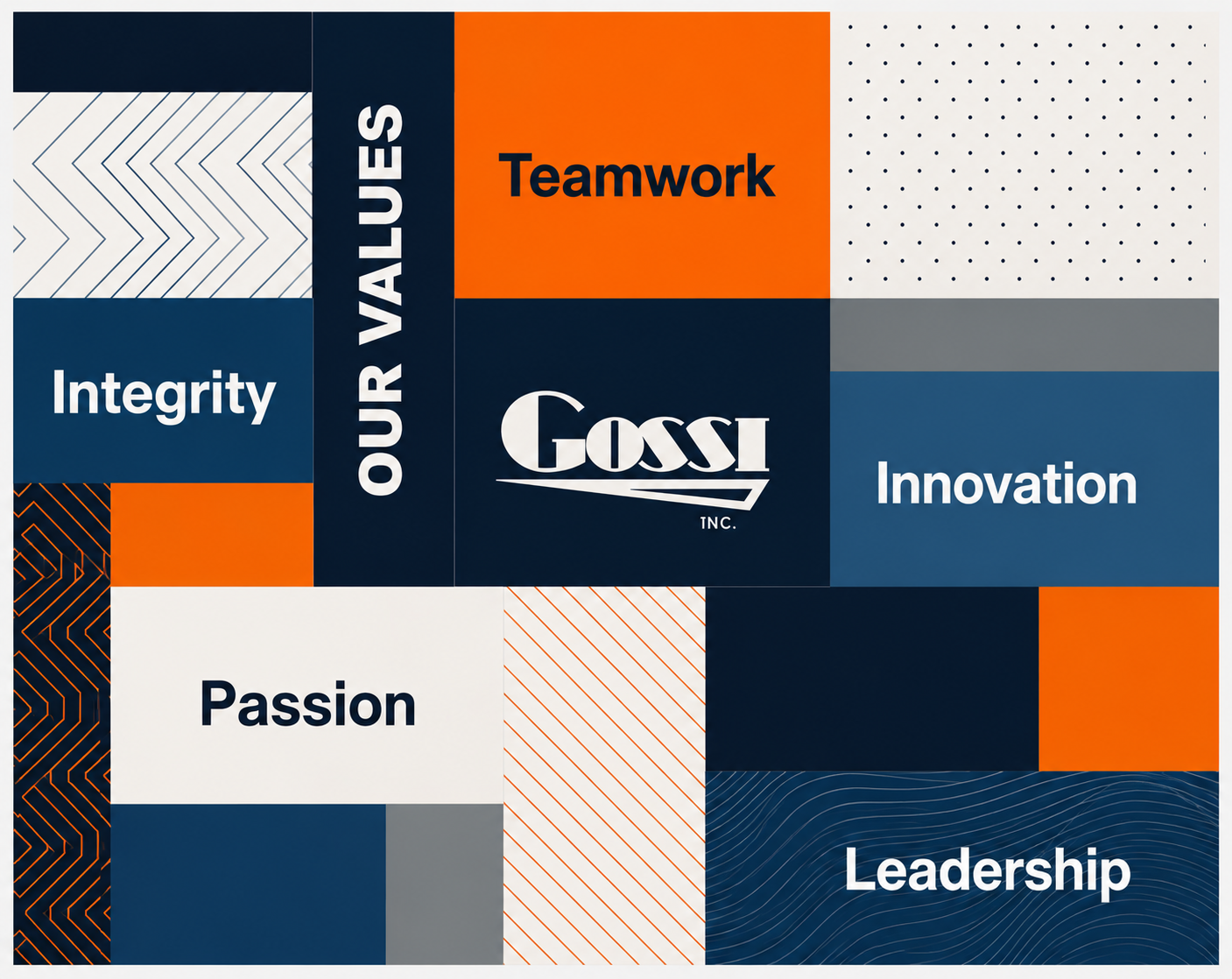 Gossi Inc. values: Integrity, Teamwork, Innovation, Passion, Leadership